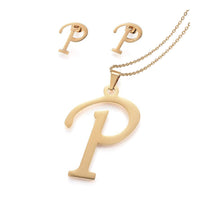 Stainless Steel Pendant 2" Earrings Necklace 17.7" Set Alphabet Letter Gold P814