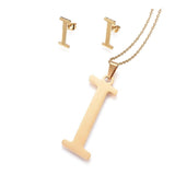 Stainless Steel Pendant 2" Earrings Necklace 17.7" Set Alphabet Letter Gold P814