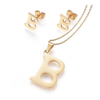 Stainless Steel Pendant 1.2" Earrings Necklace 17.7" Alphabet Letter Gold P813