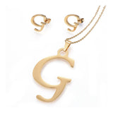 Stainless Steel Pendant 2" Earrings Necklace 17.7" Set Alphabet Letter Gold P814