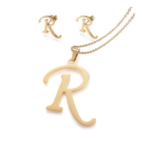 Stainless Steel Pendant 2" Earrings Necklace 17.7" Set Alphabet Letter Gold P814