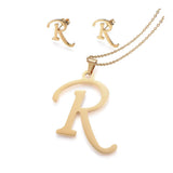 Stainless Steel Pendant 2" Earrings Necklace 17.7" Set Alphabet Letter Gold P814