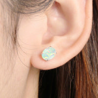 Environmental Brass Stud Earrings with Opal Aqua Gold Silver 8x6mm  P548