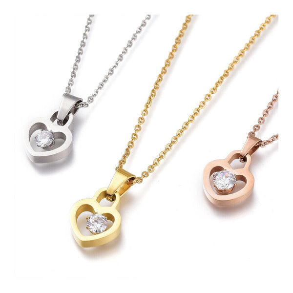 Stainless Steel Heart Padlock Pendant Necklace Rhinestone Lobster 16.5" Z502