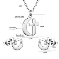 Stainless Steel Women's Unisex SetNecklace Earrings Moon Cross AAA Zirconia Y56