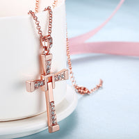 Rose Gold Platinum Plated Necklace Pendant Cross Zirconia 28 Inches 1.5MM B88