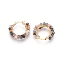 Stainless Steel Hoop Earrings Pearl Ring White Gold Agate Tiger Eye Howlite P326