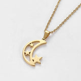 Stainless Steel Set Earring Pendant Necklace Moon Star Gold 18" P778