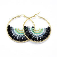 Stainless Steel Hoop Earrings Glass Beads Black Gold Blue Green 56x54x56mm P347