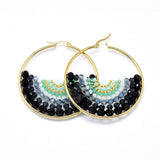 Stainless Steel Hoop Earrings Glass Beads Black Gold Blue Green 56x54x56mm P347