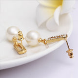 Gold Platinum Plated Pearl Zirconia Stud Drop Earrings L85