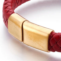 Leather Cord Bracelet Stainless Steel Magnetic Black Red Brown 7.8" Z47