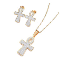 Stainless Steel Set Pendant Necklace Earrings Textured Cross Gold 17.7'' P817