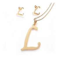 Stainless Steel Pendant 2" Earrings Necklace 17.7" Set Alphabet Letter Gold P814