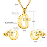 Stainless Steel Women's Unisex SetNecklace Earrings Moon Cross AAA Zirconia Y56