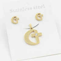 Stainless Steel Women's Unisex SetNecklace Earrings Moon Cross AAA Zirconia Y56