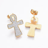 Stainless Steel Set Pendant Necklace Earrings Textured Cross Gold 17.7'' P817