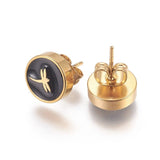 Gold Tone Stainless Steel Stud Earrings Enamel Round Butterfly Black A183