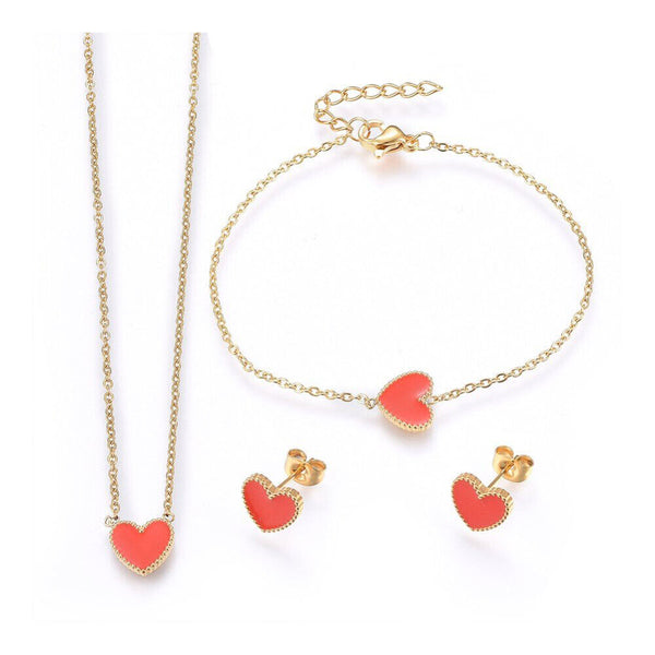 Stainless Steel Set Pendant Necklace Earring Bracelet Enamel Heart Red Gold P748