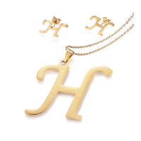 Stainless Steel Pendant 2" Earrings Necklace 17.7" Set Alphabet Letter Gold P814