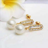 Gold Platinum Plated Pearl Zirconia Stud Drop Earrings L85