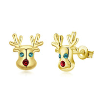 Stud Earrings Zirconia Christmas Rudolph Reindeer Platinum Gold 10x12mm P135