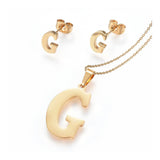 Stainless Steel Pendant 1.2" Earrings Necklace 17.7" Alphabet Letter Gold P813