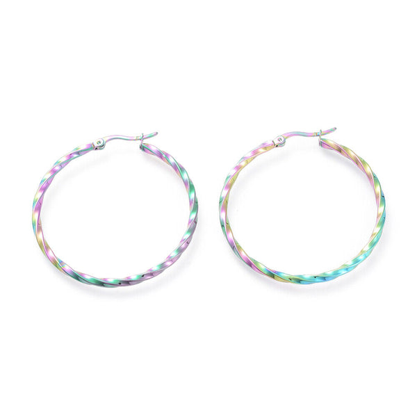 Electro Stainless Steel Big Hoop Earrings Hypoallergenic Twisted Rainbow Z289