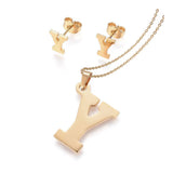 Stainless Steel Pendant 1.2" Earrings Necklace 17.7" Alphabet Letter Gold P813