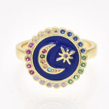 Cubic Zirconia Ring Enamel  Moon Star Blue Red White Size 7 Adjustable 17mm P442