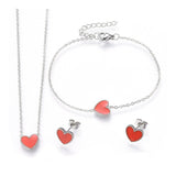 Stainless Steel Set Pendant Necklace Earring Bracelet Enamel Heart Red Gold P748