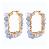 201 Stainless Steel Hoop Earrings Natural Agate Bead Rectangle Gold A178