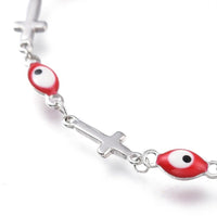 Stainless Steel Bracelet Enamel Lobster Evil Eye Cross Silver Black 7.2" Z190