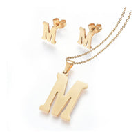 Stainless Steel Pendant 1.2" Earrings Necklace 17.7" Alphabet Letter Gold P813