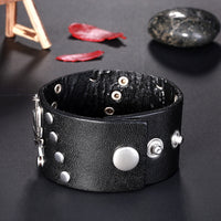 Leather Bracelet Handmade  Black 9 Inches 38MM Button Clasp L503