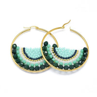 Stainless Steel Hoop Earrings Glass Beads Black Gold Blue Green 56x54x56mm P347