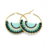 Stainless Steel Hoop Earrings Glass Beads Black Gold Blue Green 56x54x56mm P347