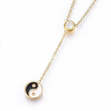 Stainless Steel Set Necklace Stud Earrings Enamel Yin Yang Gold Silver 17" P468