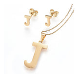 Stainless Steel Pendant 1.2" Earrings Necklace 17.7" Alphabet Letter Gold P813