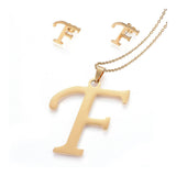 Stainless Steel Pendant 2" Earrings Necklace 17.7" Set Alphabet Letter Gold P814