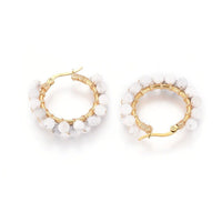Stainless Steel Hoop Earrings Pearl Ring White Gold Agate Tiger Eye Howlite P326