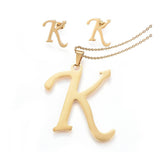 Stainless Steel Pendant 2" Earrings Necklace 17.7" Set Alphabet Letter Gold P814