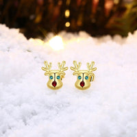 Stud Earrings Zirconia Christmas Rudolph Reindeer Platinum Gold 10x12mm P135