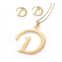 Stainless Steel Pendant 2" Earrings Necklace 17.7" Set Alphabet Letter Gold P814