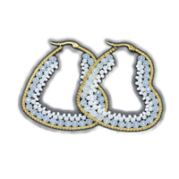 Stainless Steel Hoop Earrings Glass Beads Heart Gold DarkCyan 57.5x50x4mm  P619