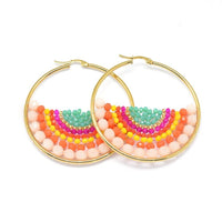 Stainless Steel Hoop Earrings Glass Beads Black Gold Blue Green 56x54x56mm P347