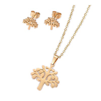 Stainless Steel Set Earrings Pendant Necklace Tree Gold Necklace 18" P807