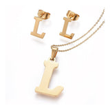 Stainless Steel Pendant 1.2" Earrings Necklace 17.7" Alphabet Letter Gold P813