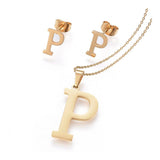 Stainless Steel Pendant 1.2" Earrings Necklace 17.7" Alphabet Letter Gold P813