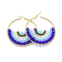 Stainless Steel Hoop Earrings Glass Beads Black Gold Blue Green 56x54x56mm P347